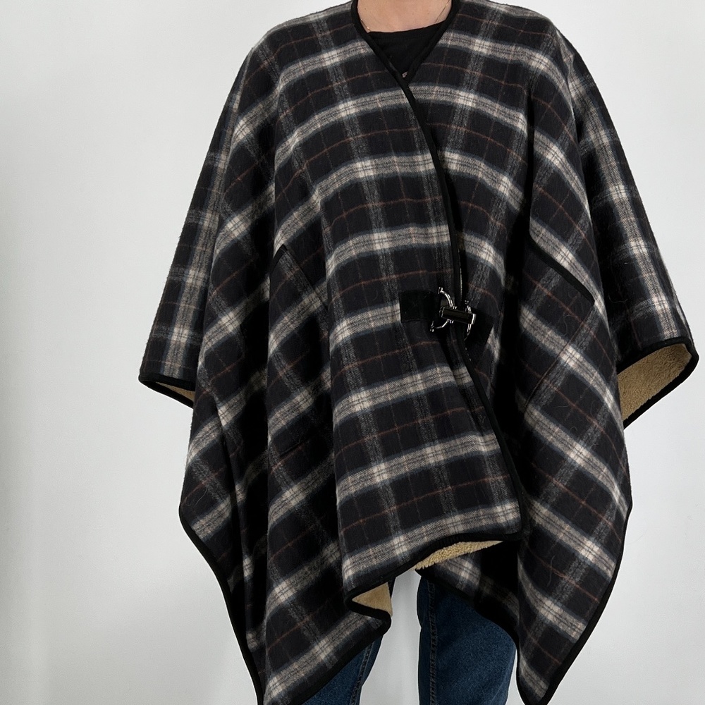 TASHA TARNO Real wool and shearling Checked poncho